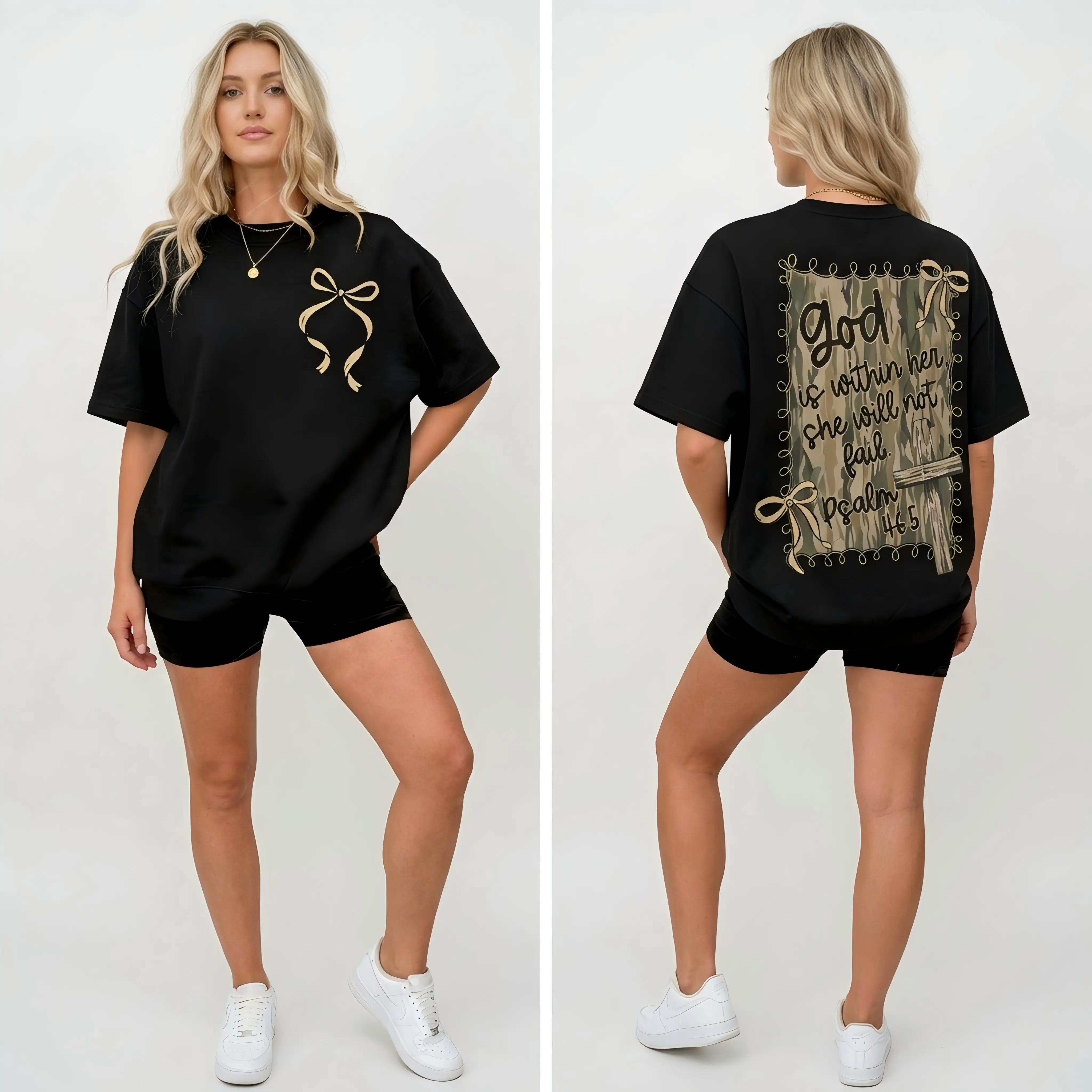 Women's Coquette Graphic T-Shirt, 2-Sided Faith-Inspired Print with Camo Bow, Relaxed Fit Cotton Blend Shortsleeve Top, Tops, Fabric