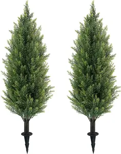 3FT Artificial Cedar Trees with Ground Spike, UV Resistant Artificial Bushes, Set of 2 Faux Cypress Plants Faux Shrubs for Outdoor Indoor Front Porch Garden