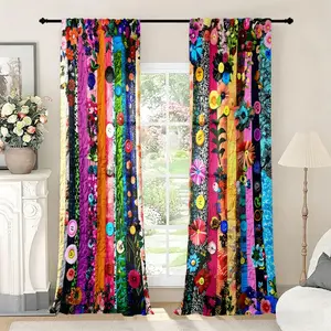 2-piece set, Bohemian style floral, printed semi-transparent curtains, rod-mounted curtains, suitable for living room, bedroom and home decoration, machine washable, hookless