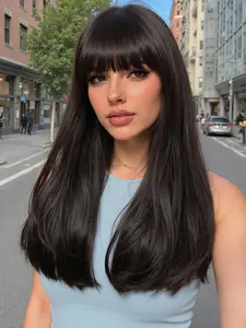20 Inch Long Straight Dark Wig with Bangs for Elegant Women, Perfect for All Ages, Versatile Daily Use Natural Looking Wigs Hair Wig