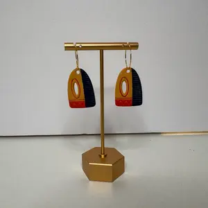 Unique Polymer Clay Dangle Earrings with Orange, Mustard, and Blue Accents on 20mm Nickel-Free Hoops