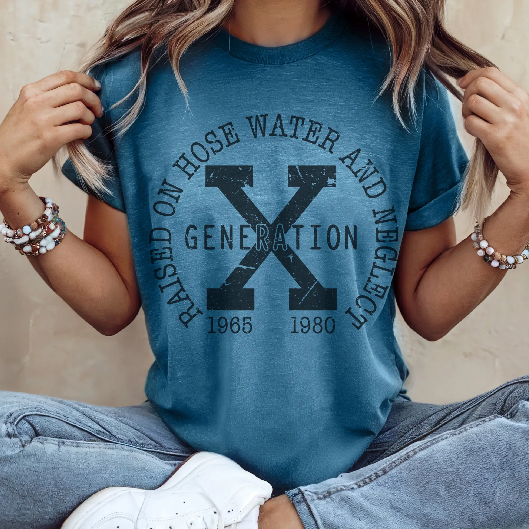 Generation X T-Shirt - Raised on Hose Water and Neglect 1965-1980 Design for Women Sarcastic Graphic Tee Casual Womenswear Crewneck T-Shirt