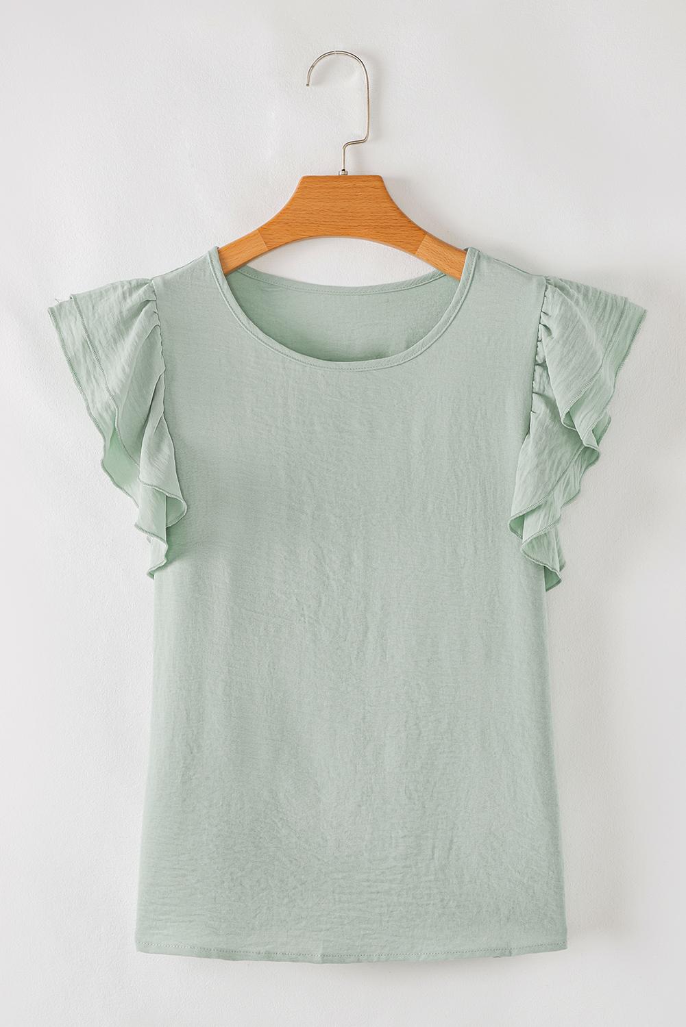 Mist Blue Solid Color Ruffled Short Sleeve Casual Blouse
