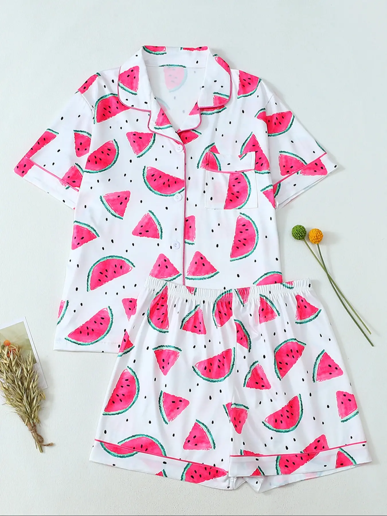 Women's Fruit Print Pajama Set Pjs, Soft Fabric Button Front Design, Casual Home Wear, All Seasons Comfortable Sleepwear Loungewear