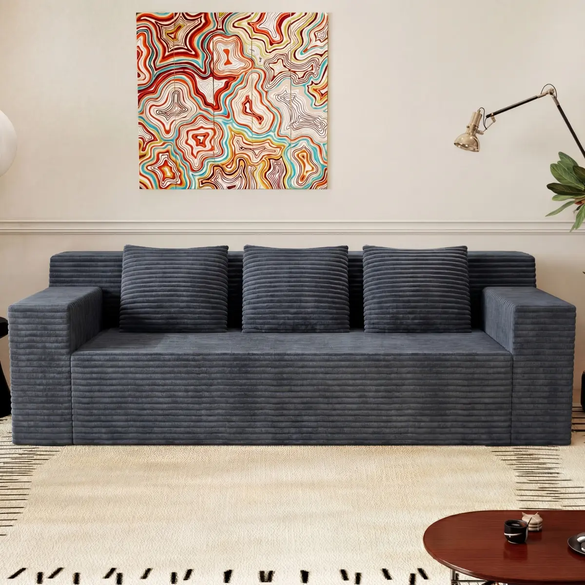 71" Corduroy Loveseat Sofa Couch 3 Setaser Deep Seat Couch with 3 Lumbar Pillows, Comfy Boneless Sofa Modern Compressed Couch for Bedroom, Office, Apartment, Flat Armrests, No Assembly Required, Dark Grey