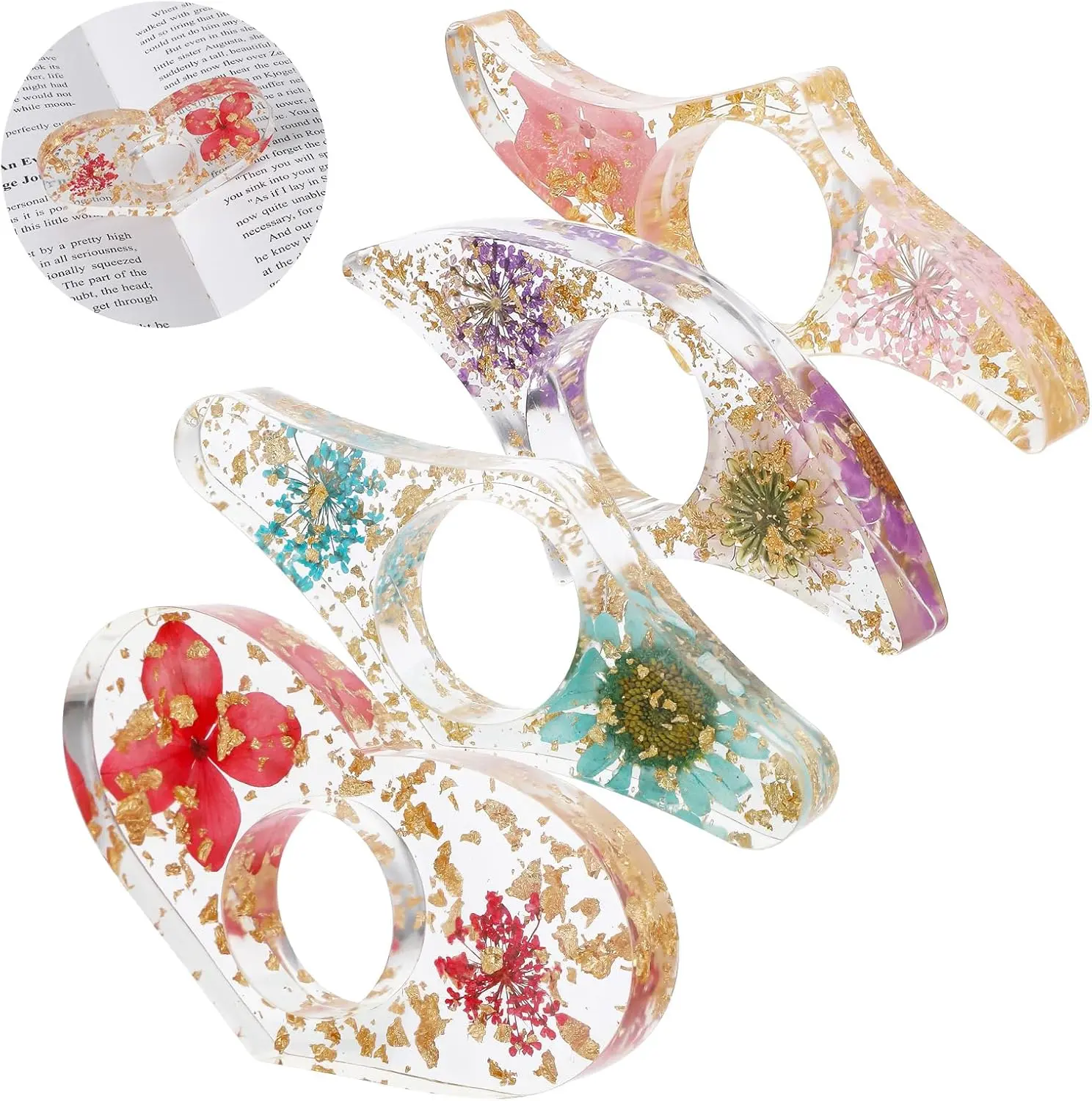 4 count Dried Flower Book Holder,  Thumb Book Page Holder  Clear Floral Book Holder Reading Accessories Ring Book Opener Bookmarks for Teachers Book Lovers
