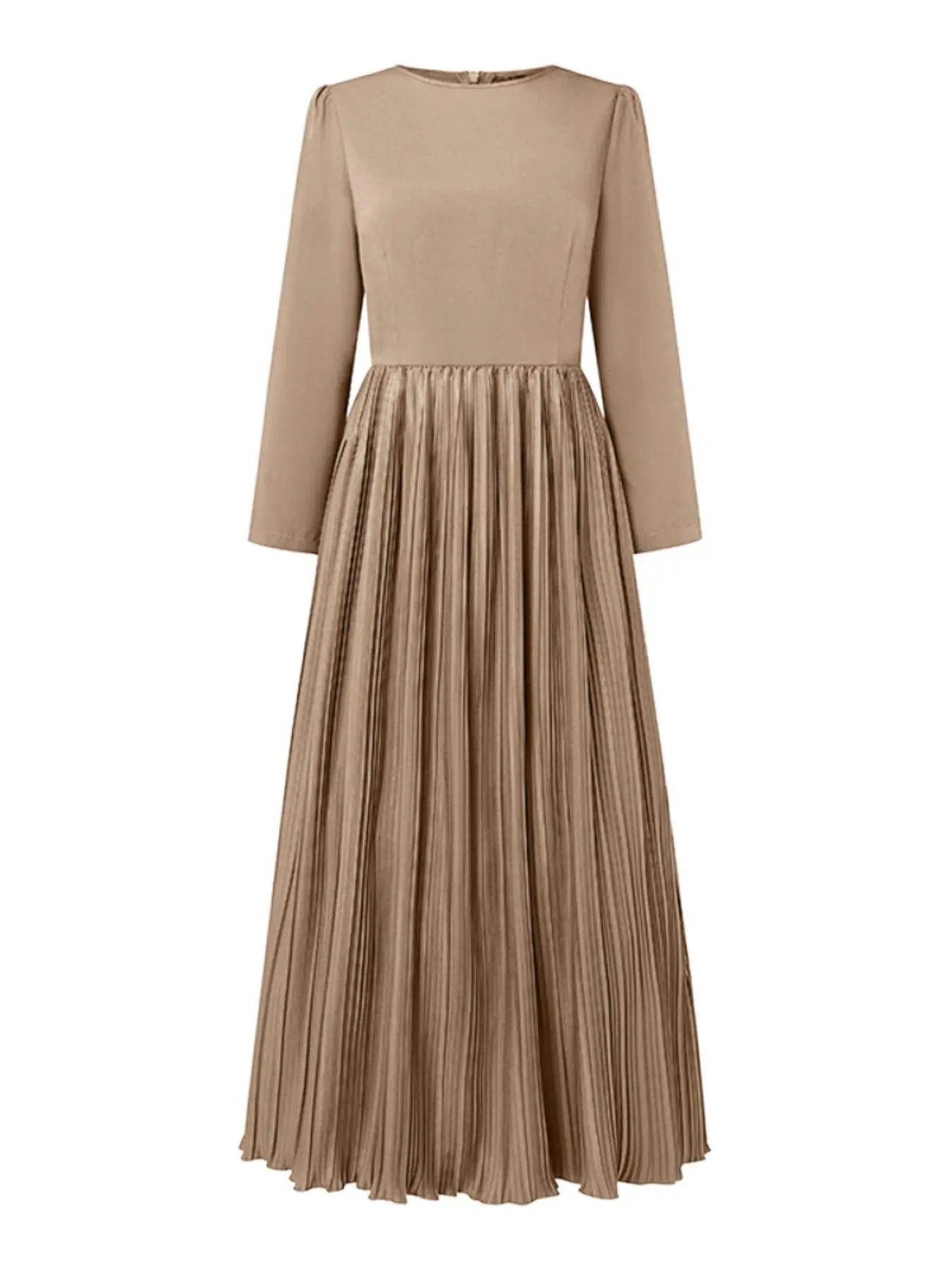 Women's Plain Pleated Zipper Back A Line Dress, Elegant Long Sleeve Round  Neck Dress for Party Holiday Wedding Guest, Ladies Spring & Fall Clothes,  Wedding Guest Gown - TikTok Shop