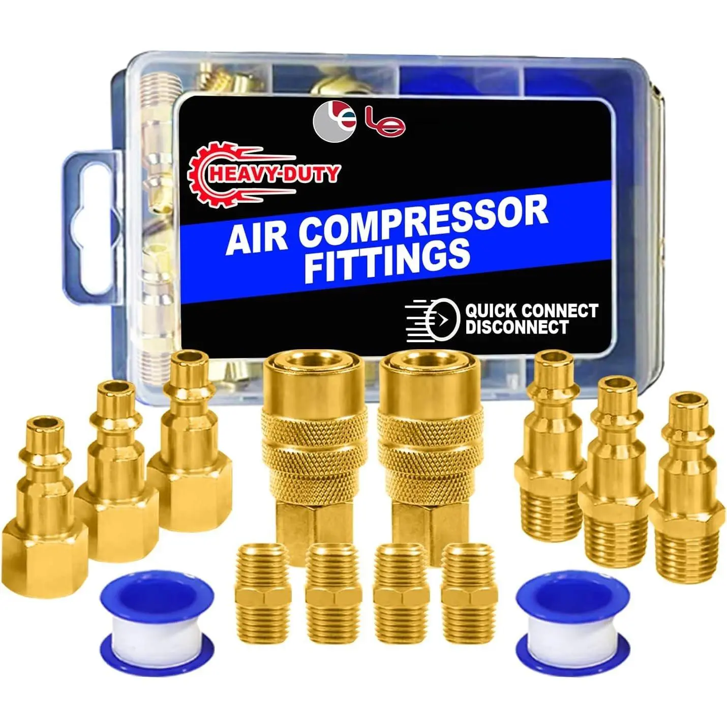 15-Count Air Compressor Hose Fitting Kit for Garages, 1/4" NPT Quick Connect Brass High-Flow 2 Connectors, Storage Case, Teflon Tape, Secure Fit, Manufacturer Warranty, 3 Male, 3 Female, 5 Dual Plug Components, Easy Storage