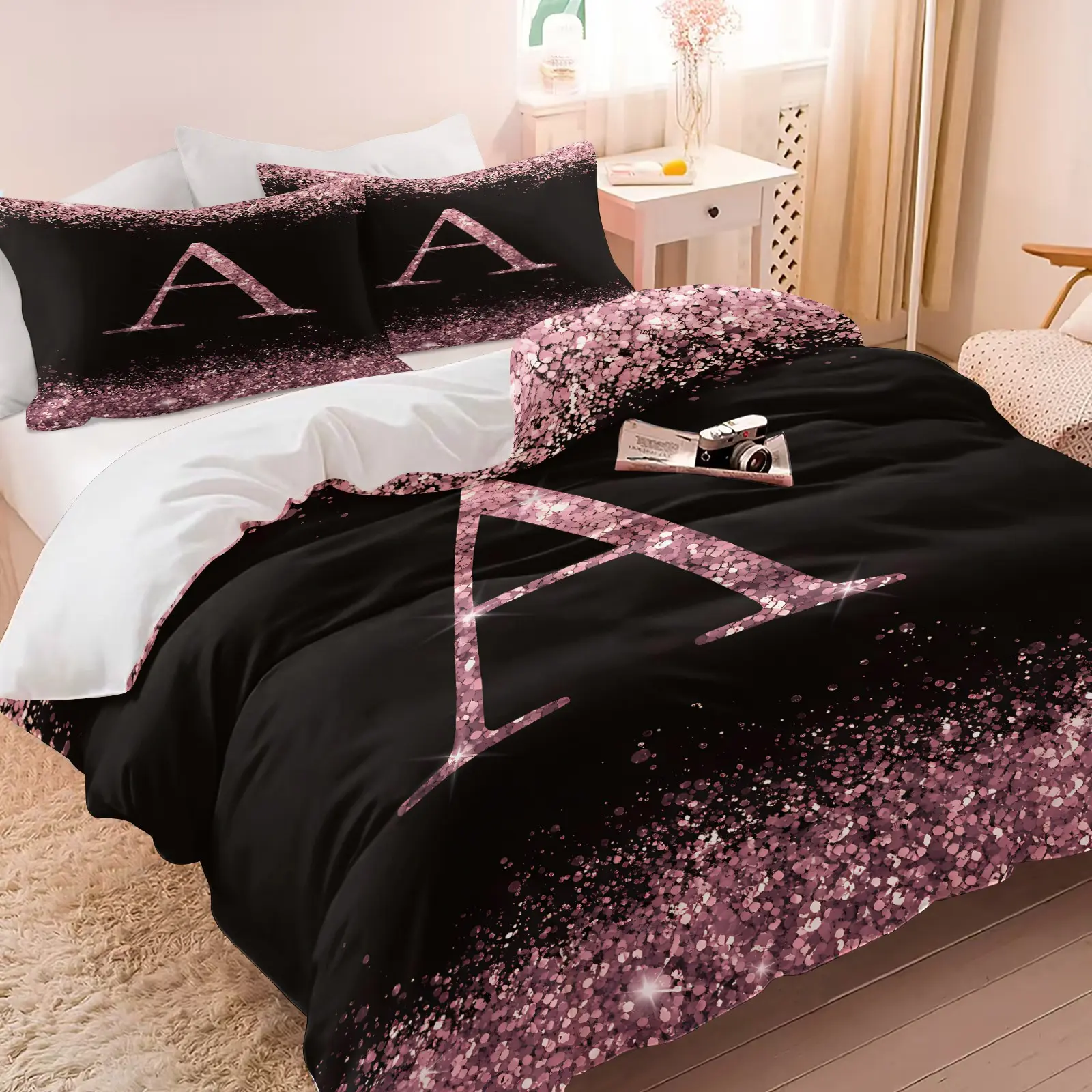 2/3Pcs Black Pink Glitter A-Z Initial Duvet Cover Set, Sparkly Letter Print, No Filler Soft Bedding with Pillowcases, Aesthetic Glam Decor for Girls & Teens Bedroom & Personalized Home Decor, Bed Sets