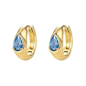 Aurem 14K Gold Plated Chunky Dome Huggie Earrings for Women, Bezel Set Pear Cut Aqua Blue CZ Hoops, Teardrop Ocean Statement Jewelry