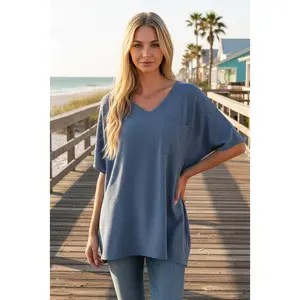 Zenana Woven Airflow V-Neck Dolman Short Sleeve Pocket Top