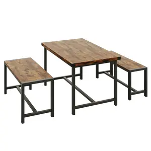 Garvee Dining Table Set for 4, Small Kitchen Table Set with 2 Benches, Industrial Dining Table Set with Metal Legs, Compact Dinner Table Bench Set Breakfase Nook Set for Apartment, Vintage