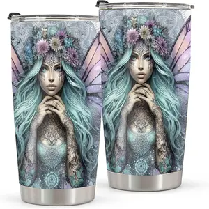 20oz Fairy Watercolor Tumbler, Double Wall Vacuum Insulated Travel Mug, Spill Proof Lid and Straw, Enchanting Fairy with Wings & Floral Design, Ideal for Christmas, Thanksgiving, Valentine's, Mother's, Father's Day, Gift for Birthday, Coffee Cup