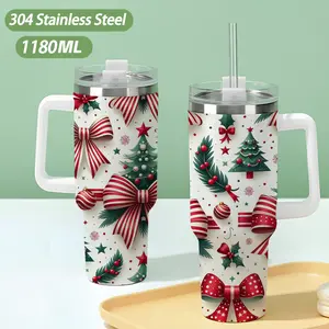 40oz large capacity car watter bottles with lid and handle, 304 stainless steel insulated tumbler with Christmas tree bow and holly pattern design, suitable for car, office, travel and christmas gifts