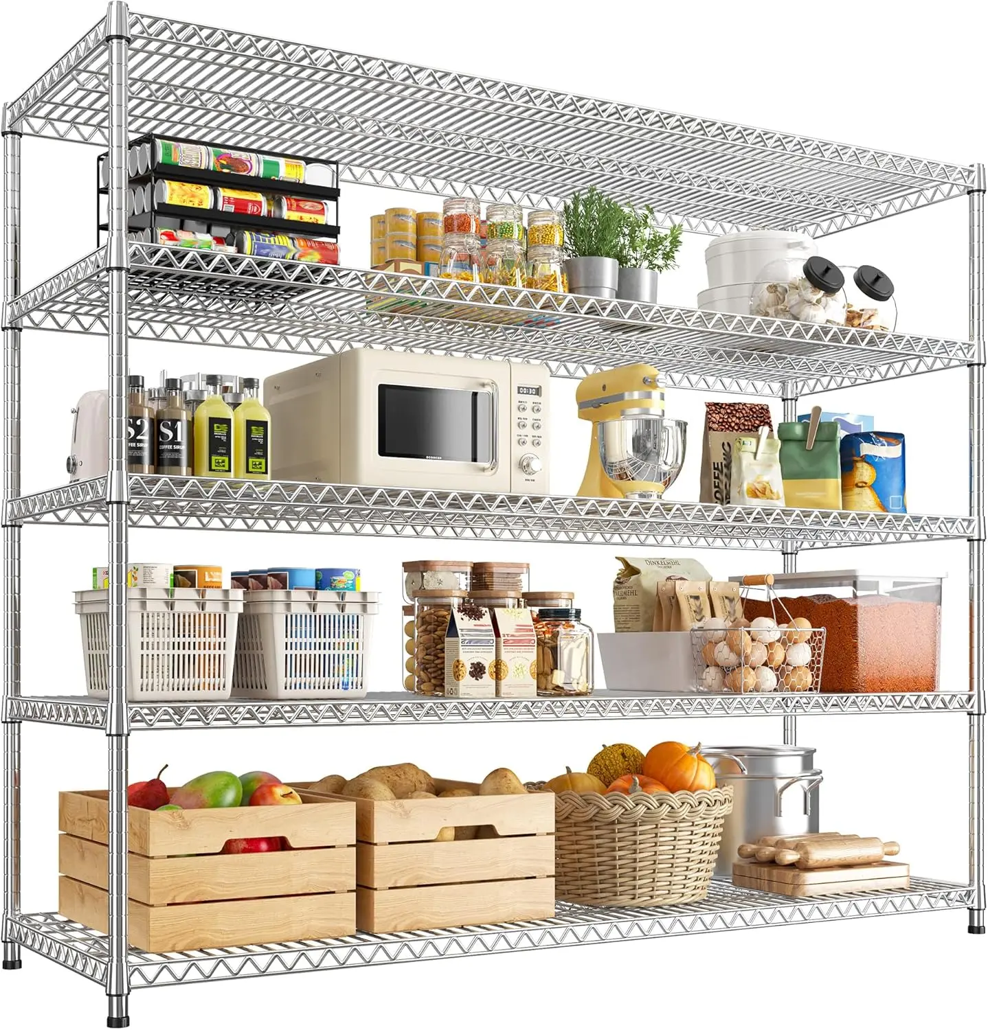 【3200LBS Capacity Storage Rack】5-Tier Raybee 55"W×71’‘H Storage Shelves,Commercial Metal Shelving, Wire Shelving Garage Shelving Heavy Duty Shelves Adjustable Shelf, Ideal for Supermarkets & Shipping Centers & Warehouses, 55.5" W X 18''D X 71" H, Chrome