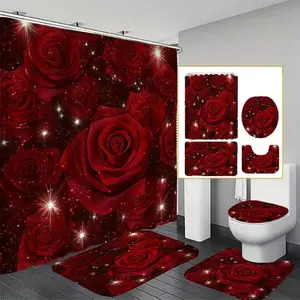 Rose Pattern Bathroom Curtain Set, 1/2/4 Counts Including Waterproof Shower Curtain & Toilet Mat & Toilet Lid Cover & U-shaped Mat, Bathroom Decoration Supplies, Home Goods, Shower Curtain Sets