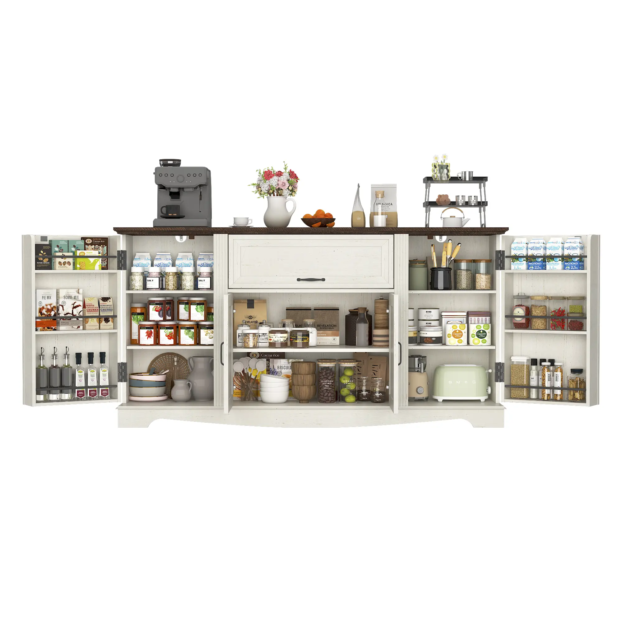 65" Farmhouse Sideboard Buffet Cabinet | Drawer + Adjustable Shelves | Wood Coffee Bar/Kitchen Storage Cabinet