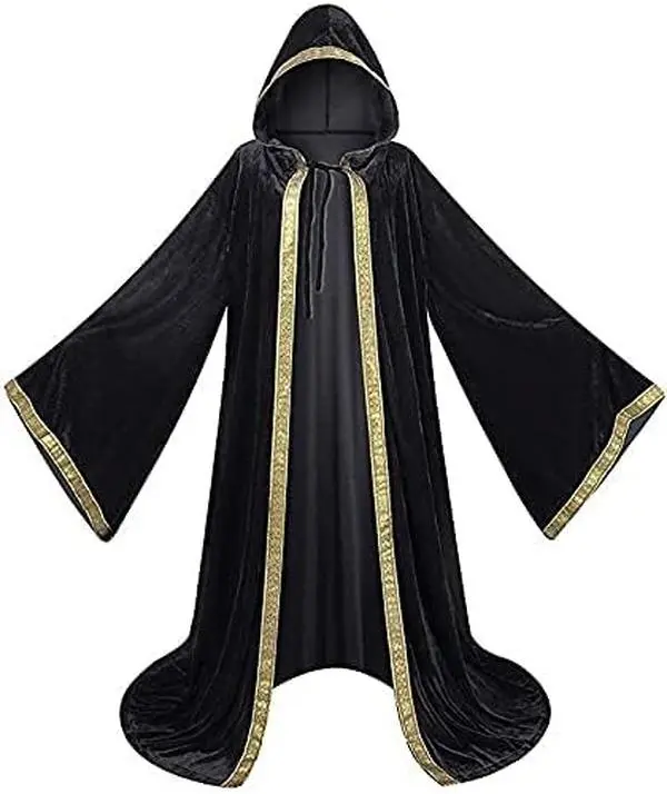 Velvet Wizard Robe with Hooded and Sleeves, Halloween Fancy Cool Cosplay Costume Party Fits Witch