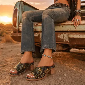 Y2K Metallic Wedge Sandals for Women | Retro Pattern Chunky Heel Slides | Summer Festival Rave Outfit Essentials | Wide Width Open Toe Mules Size 6-11