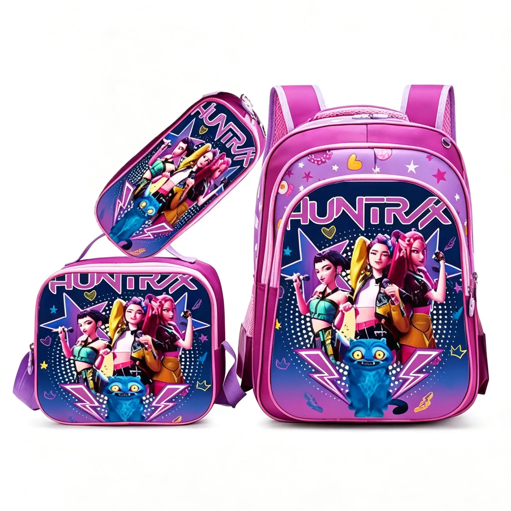3D KPOP   3-in-1   Back pack Set -   HUNTRA   Pink Purple Large Capacity Schoolbag with Insulated Lunch Bag & Pencil Case, Gift for Girls Students (Sports & Outdoor Gym Bag Accessory)