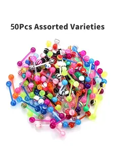 50pcs Random Mixed Color Acrylic Hypoallergenic Tongue Barbell Rings All Season Use For Women And Men