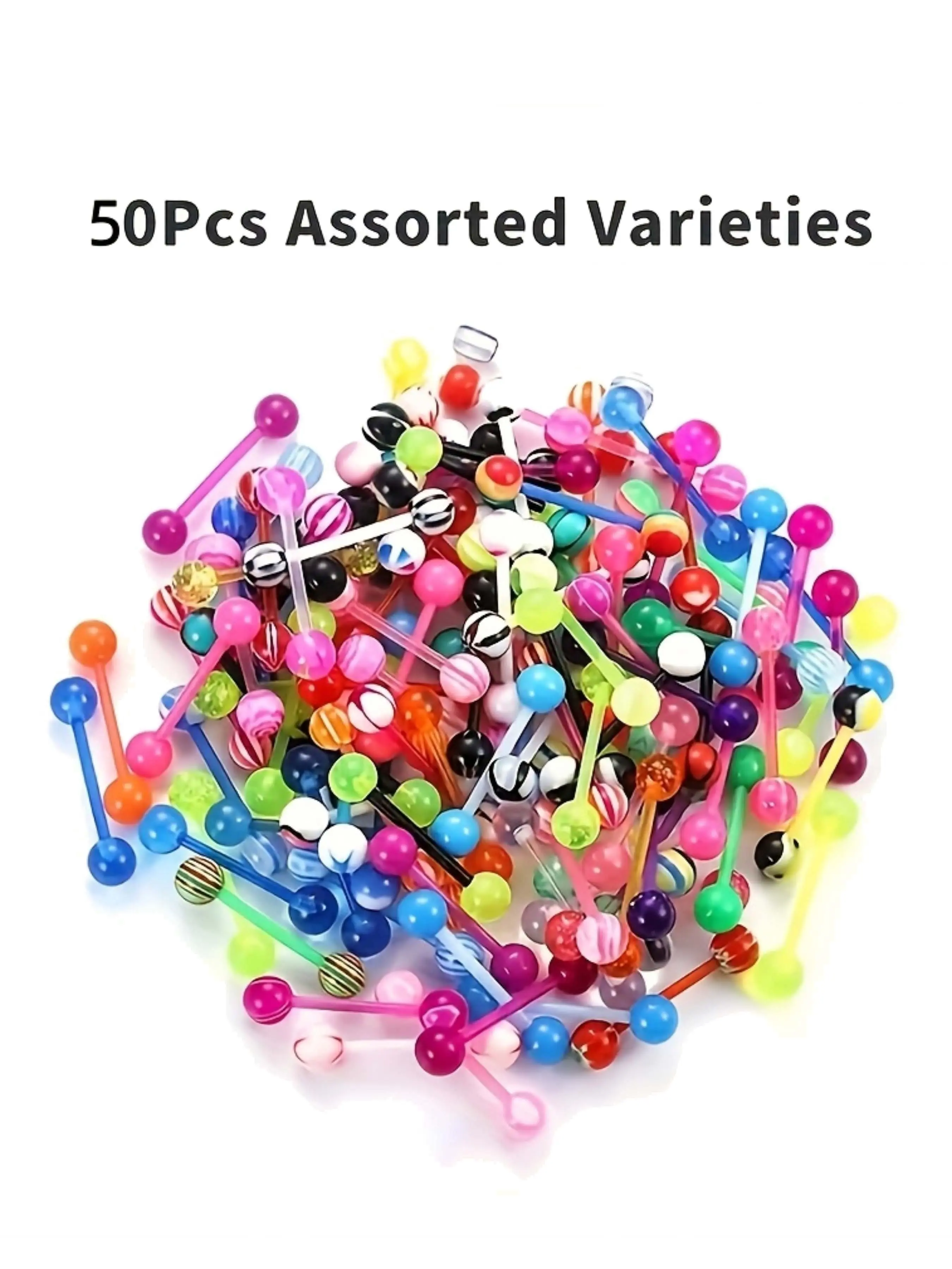 50pcs Random Mixed Color Acrylic Hypoallergenic Tongue Barbell Rings Body Piercing Jewelry All Season Use For Women And Men