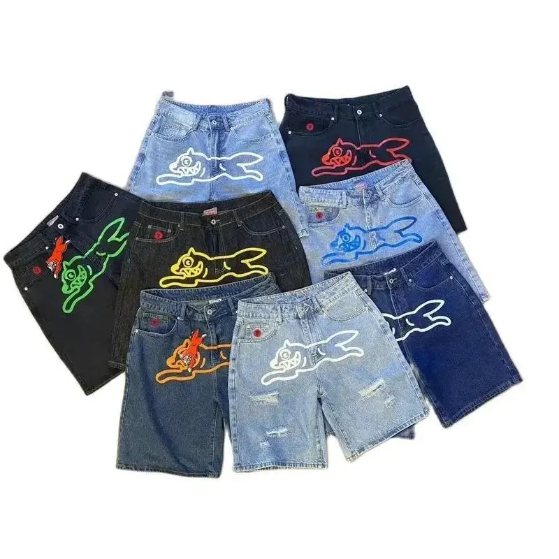 Streetz New Summer Streetwear Men's Denim Shorts Hip Pop Dog Printed Wide Leg Baggy Shorts Pants Male Knee Length