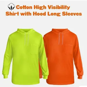 2 pieces 0528M Summer Cotton High Visibility T Shirt Safety Long Sleeve with Hood Lime Green or Orange Menswear Clothes