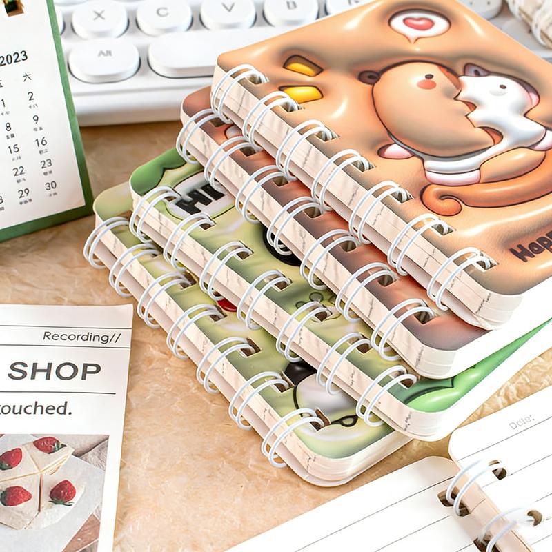 4-Pack A7 Coil Notebooks, Portable Pocket Edition, Student Cartoon 3D Effect, Office Use, Thick Anti-Ink Writing, Mini Diary, Travel Diary Notebook, Gift Idea