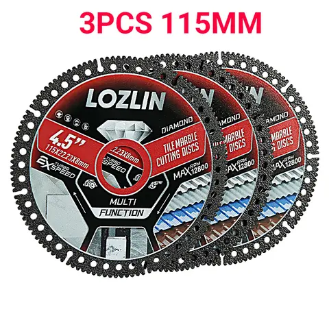 LOZLIN 3pcs 4.5-Inch (115mm) Ultra-Thin High Density Diamond Dry Cutting Discs for Angle Grinder, Construction Multi-Material Blades for Porcelain, Metal