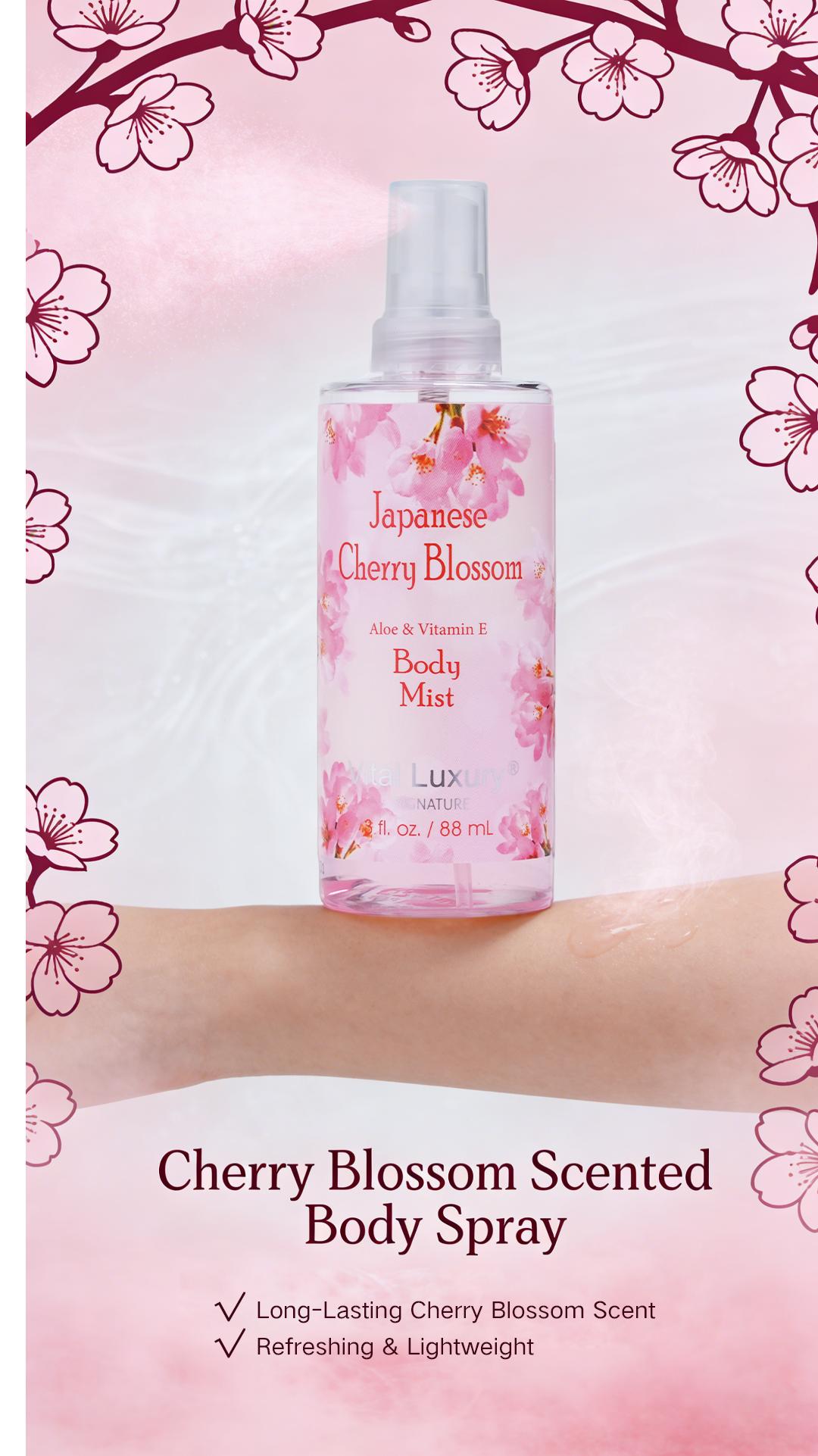 Japanese Cherry Blossom Bath & Body Travel Set – 3oz Shower Gel, 3oz Body Lotion, 3oz Body Mist & 2.5oz Bath Salts | Silky Lather, All-Day Fresh Scent, Moisturizing & Revitalizing | Ideal Gift for Mom, Wife, Sister & Girlfriend