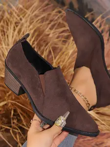 Women's Sheepskin Suede Deep-V Sole Single Shoe, New Style Stylish Elegant All-Season Chunky Heel Pointed Toe Casual Work Office Shoes, Footwear