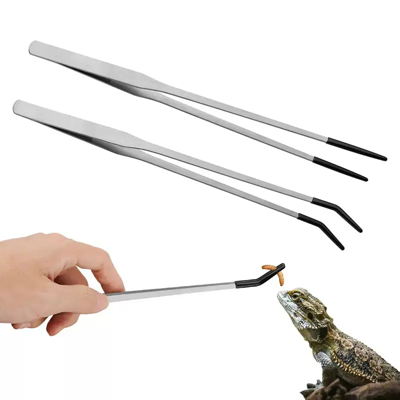 2pcs Stainless Steel Reptile Feeding Tongs with Rubber Tips, 10.6 inches Straight & Curved Long Tweezers for Aquarium Or Crafts, Bearded Dragon Enclosure Accessories, Glass Tank Supplies