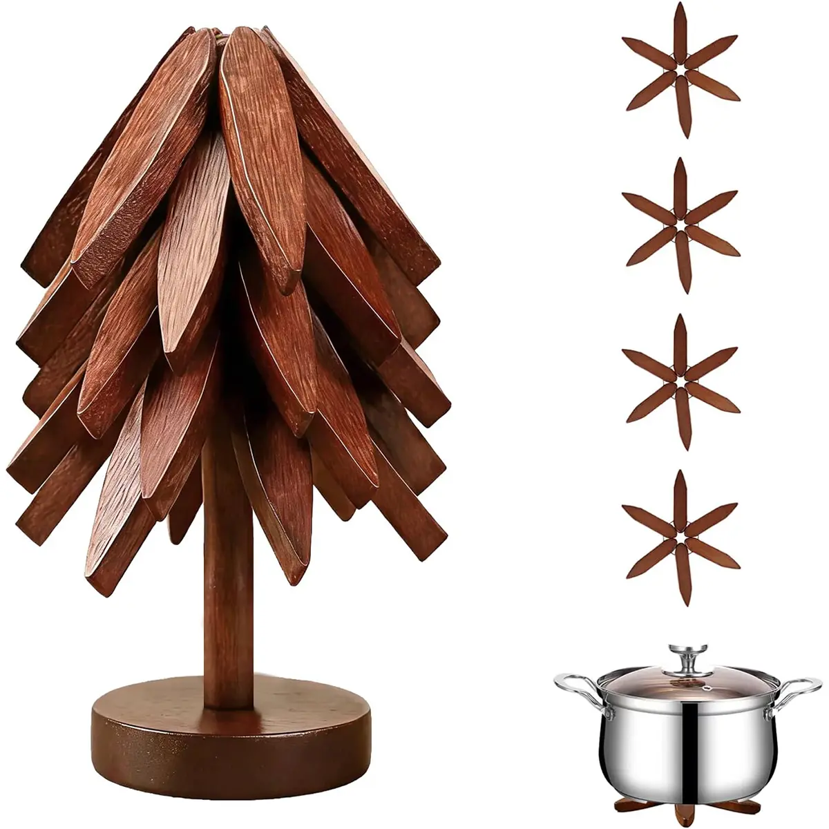 Natural Tree Wooden Trivet Set - 5 Trivets & 1 Stand, Heat-Resistant Foldable Kitchenware, Durable Solid Wood, Home Tree-Shaped Coasters for Hot Dishes, Multi-Functional, Christmas Gift