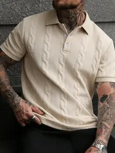 Men's Textured Geometric Jacquard Polo Shirt, Short Sleeve Casual Button Front, Waffle Knit, Breathable Fabric, Summer Wear, Street Style Top