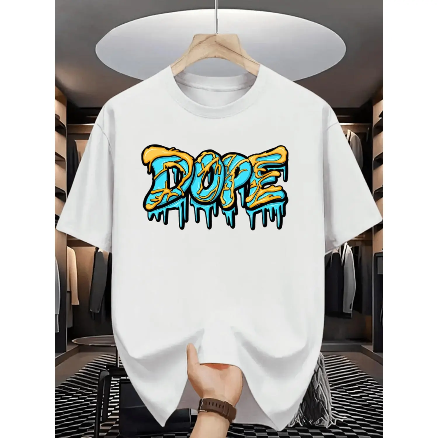 Men's Turquoise Cotton Round Neck Short-Sleeve T-Shirt - Bright Summer Casual Top, Bold Drip Letter Graphic Print, Regular Fit, Durable, Comfortable, Machine Washable, Fade-Resistant