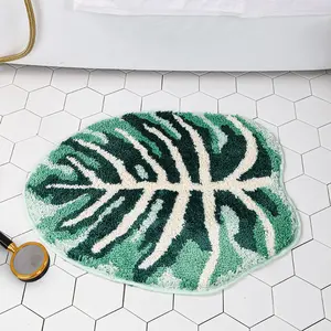 Leaf Rug Flower Monstera Plant Shaped Bath Rug - Cute Small Green Bath Mat Bathroom Rug Non Slip, Water Absorbent, Machine Washable, Home Essentials
