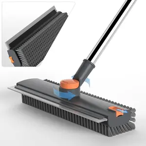 3-in-1 Floor Scrub Brush with Long Handle, Adjustable Silicone Squeegee & Stiff Bristle, 360° Rotating Head for Deep Cleaning, Versatile for Shower, Bathroom, Patio, Garage, Kitchen, Wall, Deck