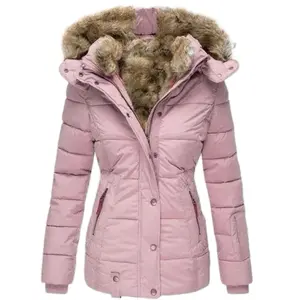 2025 Winter Warm Wool Collar Cotton Coat Women's Zipper Long Sleeve Slim Fit Hooded Cotton Coat