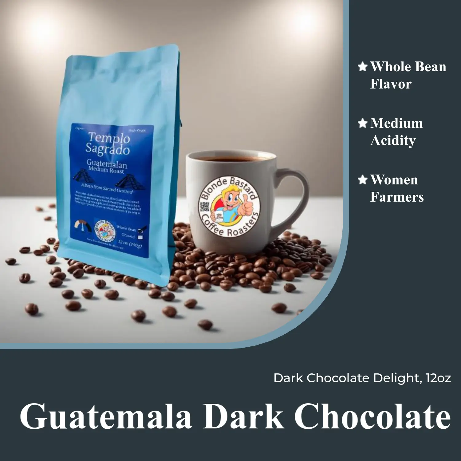 Guatemala La Morena 12 oz Cubulco Coffee Bean - Dark Chocolate Flavor in Blue Packaging