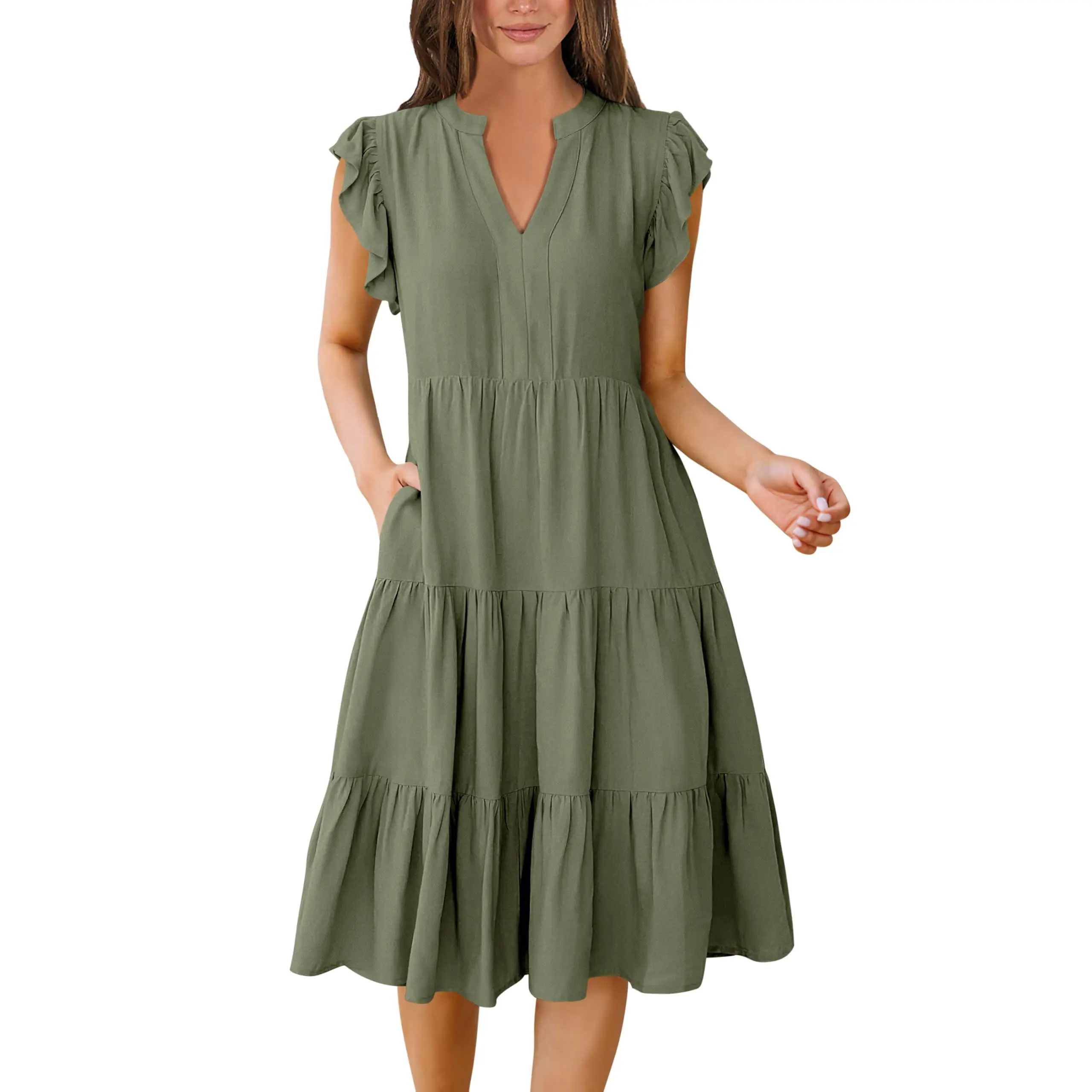 ANRABESS Womens Summer Ruffle Sleeve V Neck Midi Dress 2026 Fashion Casual Fit Flowy Boho Sleeveless Beach Vacation Sundress Outdoor Floral Skirts