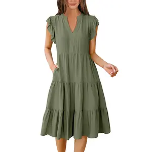 ANRABESS Womens Summer Ruffle Sleeve V Neck Midi Dress 2026 Fashion Casual Fit Flowy Boho Sleeveless Beach Vacation Sundress Outdoor Floral Skirts