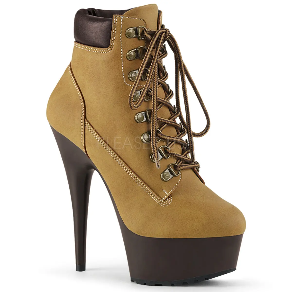 Women's 6-in Lace-Up Zip Heel Boot - DELIGHT-600TL-02, Tan Nubuck, Padded Platform, Rubber Sole Women's Lace Heels Footwear