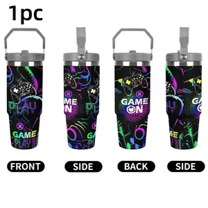 1pc 30/40oz Neon Game Controller Insulated Water Bottle with Handle, Leakproof Stainless Steel Thermal Cup, Perfect "GAME ON" Gift for Gamers, Great for Camping & Outdoor