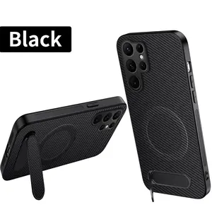 Magnetic Carbon Fiber Case for Samsung S26Ultra 25/24/23 Ultra, Built-in Kickstand, Wireless Charging, Shockproof Matte Acrylic Protective Cover