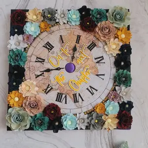Custom Vintage  Graduation Cap Topper Decorations Vintage paper flowers, world map and clock Customizable Options Available, Ideal for Graduation Celebrations