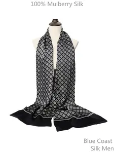 100% Pure Mulberry Silk Men's Scarf Cravat, Black & White Geometric Pattern, Classic Minimalist Elegant Gentleman Style, Four Season Versatile