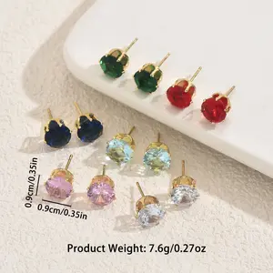 [6 Pair Earrings] 9mm Earring Set With Geometric Setting And Colored Zirconia Earrings Versatile Ear Accessories