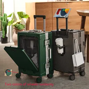 (20/24lnch)Aluminum Frame Carry On Luggage with Cup Holder 、Mobile phone Stand and Usb Port, Front Compartment, TSA Lock,Airline Approved Carry-On Hardside Suitcase Spinner Wheels