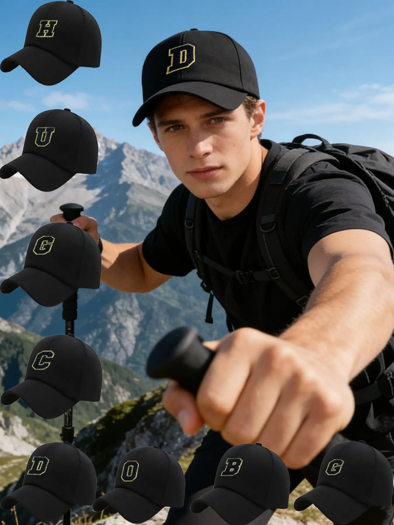 Black gold flocked letter classic baseball Cap, adjustable design dad Hat, unisex outdoor hiking travel sun protection Cap, breathable comfortable, daily leisure sports.